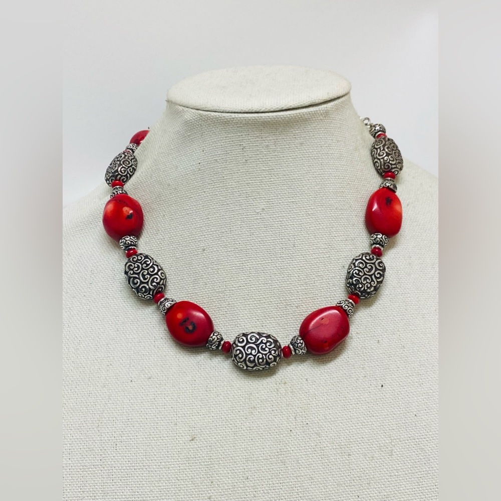 Brighton, “Full Moon Rising” Red Bamboo & Silver Plated Beads, New